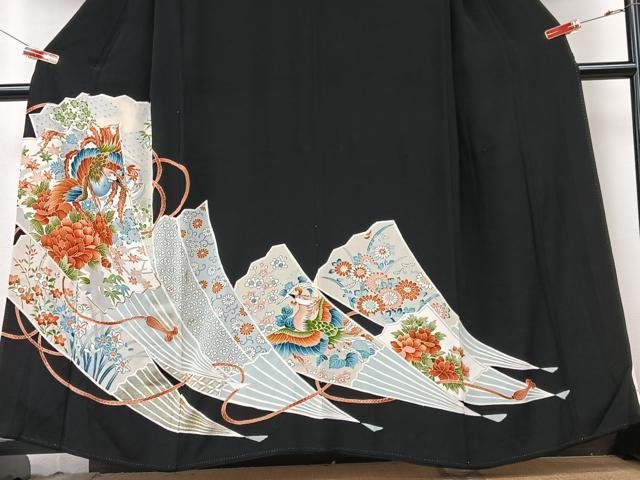 平和屋着物■豪華黒留袖 駒刺繍 扇面花鳥文 金彩 正絹 逸品 CABK9964xe