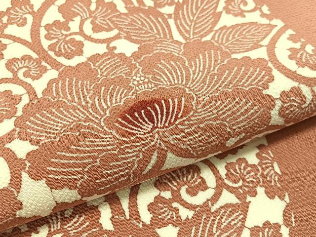 平和屋着物●全通柄 九寸名古屋帯 型染め 牡丹唐草間道 鬼しぼ縮緬 正絹 逸品 CABL0002vp
