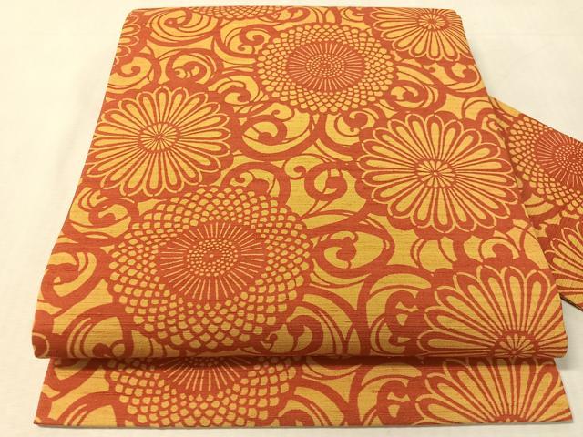 平和屋着物●全通柄 九寸名古屋帯 紬地 型染め 菊唐草文 正絹 逸品 CABL0006vp