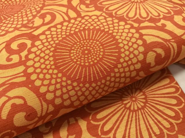 平和屋着物●全通柄 九寸名古屋帯 紬地 型染め 菊唐草文 正絹 逸品 CABL0006vp