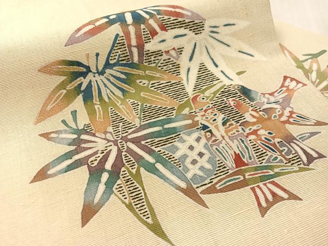 平和屋着物●九寸名古屋帯 紬地 刺繍 型染め 休み鳥笹文 銀通し地 正絹 逸品 CABL0010vp