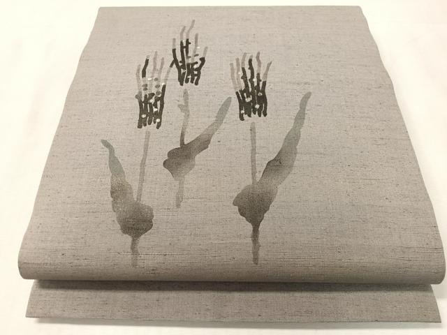 平和屋着物●内山晴祥 手描き 九寸開き名古屋帯 紬地 ろうけつ染 草花文 銀彩 正絹 逸品 CABL0011vp