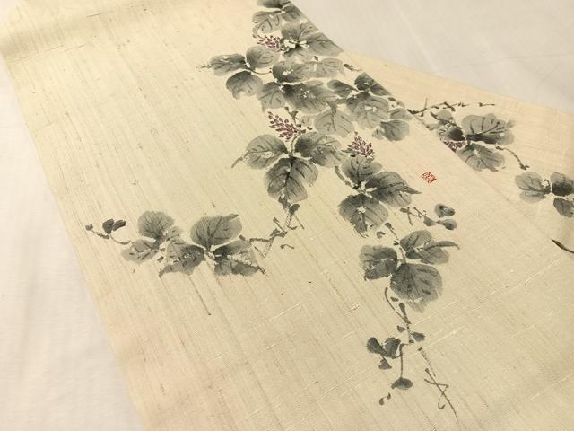 平和屋着物●九寸名古屋帯 作家物 手描き 生紬 蔦の葉花文 正絹 逸品 CABL0016vp