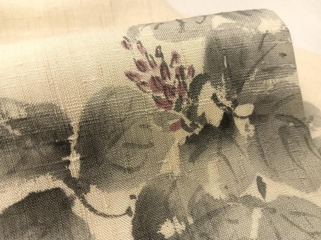 平和屋着物●九寸名古屋帯 作家物 手描き 生紬 蔦の葉花文 正絹 逸品 CABL0016vp