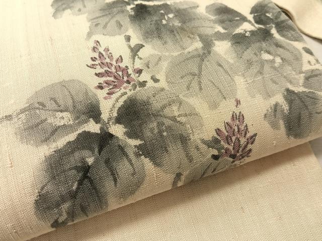 平和屋着物●九寸名古屋帯 作家物 手描き 生紬 蔦の葉花文 正絹 逸品 CABL0016vp