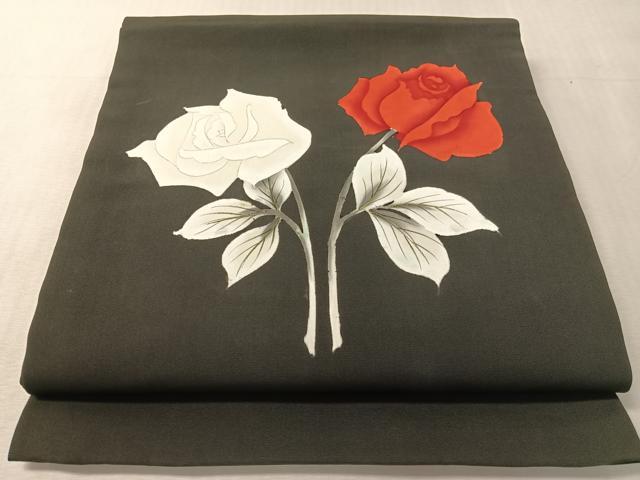 平和屋着物●塩瀬 九寸開き名古屋帯 手描き バラ 黒地 金彩 正絹 逸品 CABL0018vp