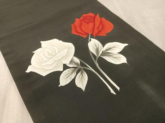 平和屋着物●塩瀬 九寸開き名古屋帯 手描き バラ 黒地 金彩 正絹 逸品 CABL0018vp