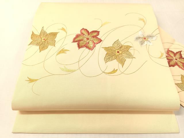 平和屋着物●塩瀬 九寸名古屋帯 駒刺繍 草花文 金銀糸 正絹 逸品 CABL0022vp