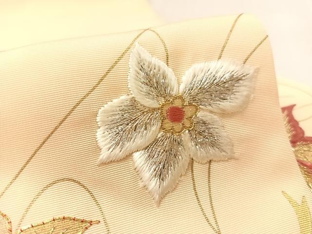 平和屋着物●塩瀬 九寸名古屋帯 駒刺繍 草花文 金銀糸 正絹 逸品 CABL0022vp