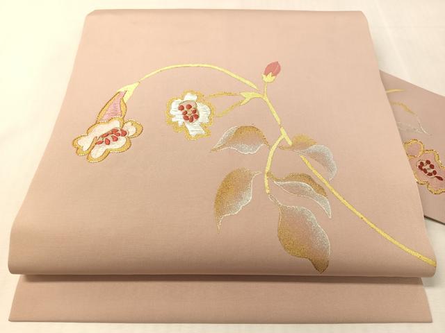 平和屋着物●塩瀬 九寸名古屋帯 駒刺繍 枝花文 金銀彩 正絹 逸品 CABL0024vp