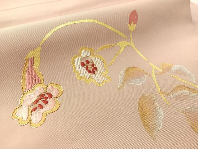 平和屋着物●塩瀬 九寸名古屋帯 駒刺繍 枝花文 金銀彩 正絹 逸品 CABL0024vp