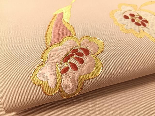 平和屋着物●塩瀬 九寸名古屋帯 駒刺繍 枝花文 金銀彩 正絹 逸品 CABL0024vp