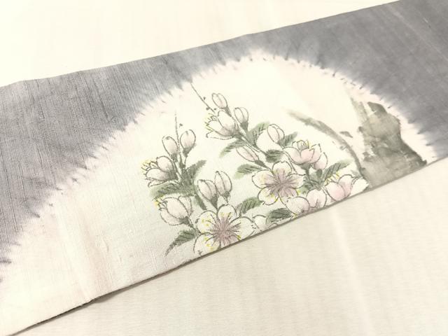 平和屋着物●九寸名古屋帯 作家物 手描き 紬地 絞り 枝垂れ桜 正絹 逸品 CABL0025vp