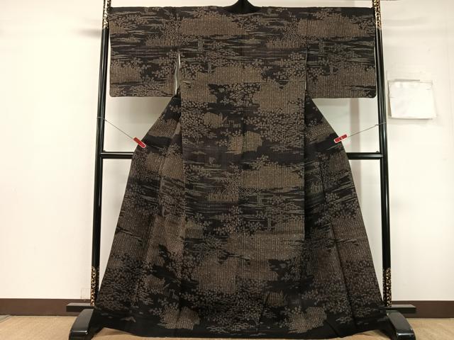 平和屋着物●訪問着 紬地 風景花松文 黒地 正絹 逸品 CABL0054vp
