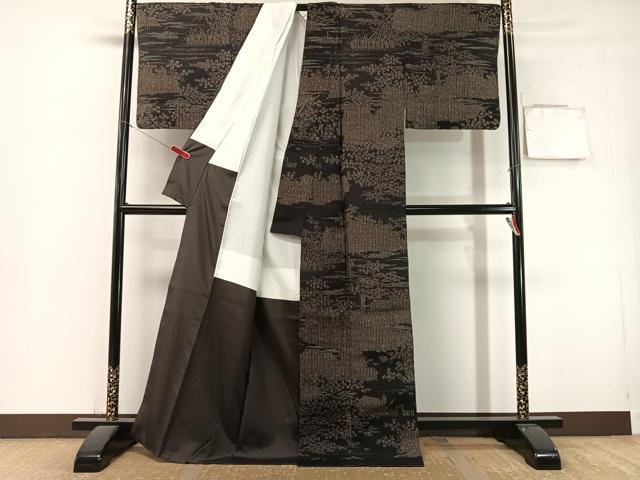 平和屋着物●訪問着 紬地 風景花松文 黒地 正絹 逸品 CABL0054vp