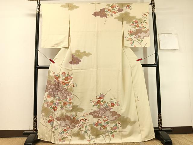 平和屋着物●京友禅の第一人者 松井青々 訪問着 駒刺繍 絞り 霞草花文 金銀彩 正絹 逸品 CABL0077vp