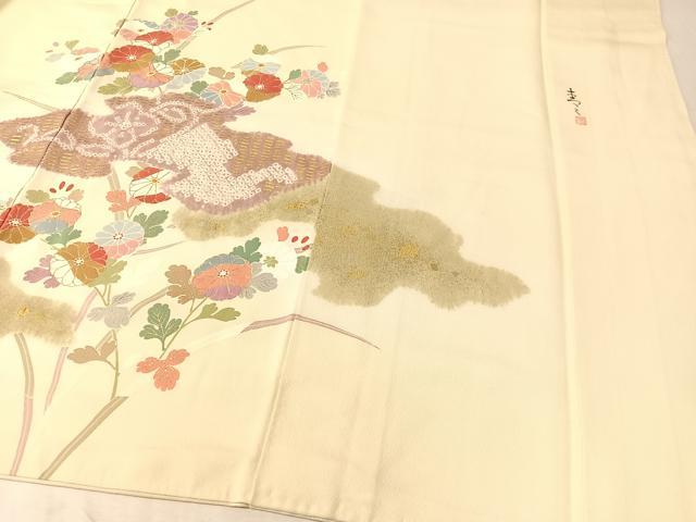 平和屋着物●京友禅の第一人者 松井青々 訪問着 駒刺繍 絞り 霞草花文 金銀彩 正絹 逸品 CABL0077vp