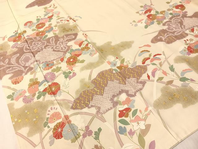 平和屋着物●京友禅の第一人者 松井青々 訪問着 駒刺繍 絞り 霞草花文 金銀彩 正絹 逸品 CABL0077vp