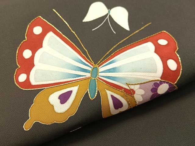 平和屋着物●塩瀬 九寸名古屋帯 駒刺繍 舞蝶文 黒地 金糸 正絹 逸品 CABL0088vp