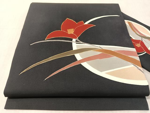 平和屋着物●塩瀬 九寸名古屋帯 駒刺繍 草花文 金彩 正絹 逸品 CABL0092vp