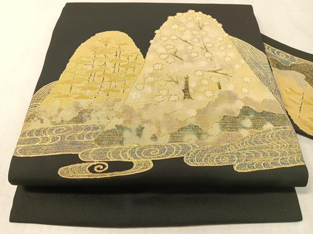 平和屋着物●塩瀬 九寸名古屋帯 重山花文 黒地 金彩 正絹 逸品 CABL0101vp