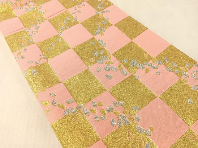 平和屋着物●六通柄袋帯 市松舞桜 金銀糸 正絹 逸品 CABL0118vp