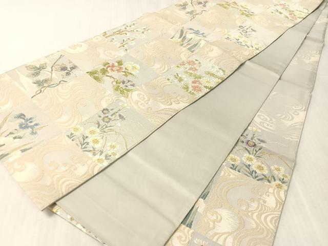 平和屋着物●六通柄袋帯 唐織 紹巴織 市松流水花文 金糸 やまと誂製 正絹 逸品 未使用 CABL0120vp