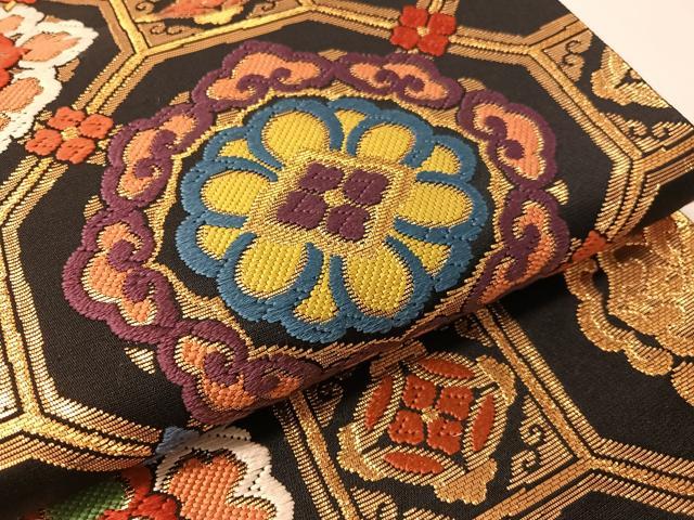 平和屋着物●六通柄袋帯 唐織 蜀江花文 黒地 金糸 正絹 逸品 CABL0121vp