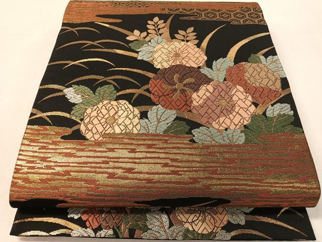 平和屋着物●六通柄袋帯 唐織 霞菊花文 黒地 金糸 正絹 逸品 未使用 CABL0125vp
