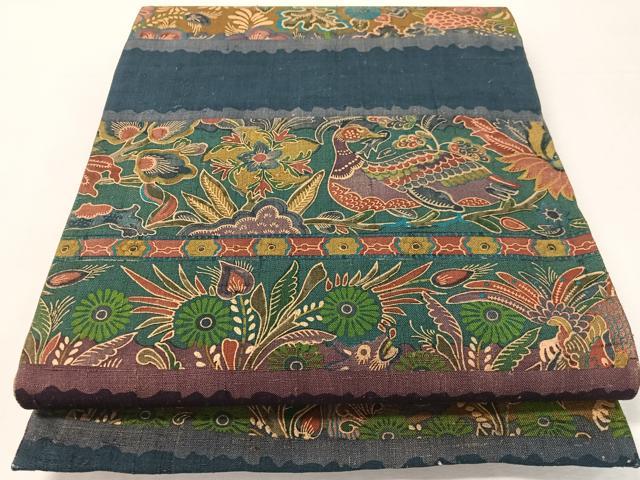平和屋着物●前田仁仙 仁仙更紗 全通柄袋帯 紬 横段花鳥文 正絹 逸品 CABL0129vp