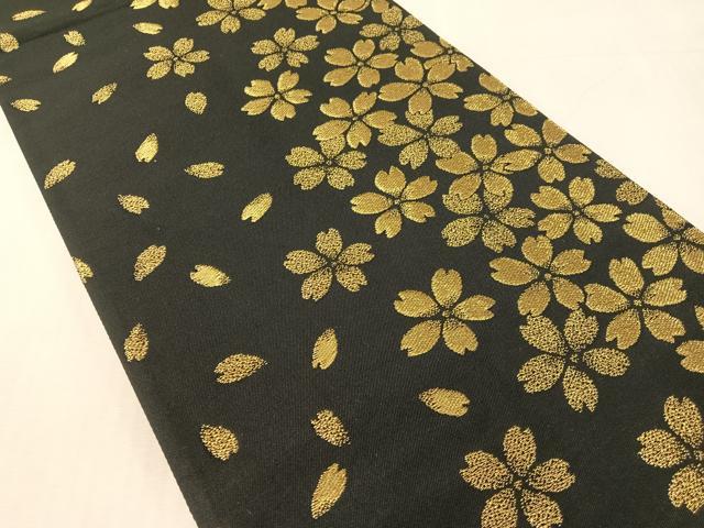 平和屋着物●六通柄袋帯 舞桜 黒地 金糸 正絹 逸品 CABL0135vp