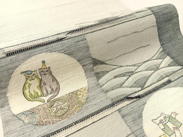 平和屋着物●手彫木版染 佐伯武晴 太鼓柄袋帯 紬地 手彫木版染 すくい織 猫 正絹 逸品 CABL0164vp