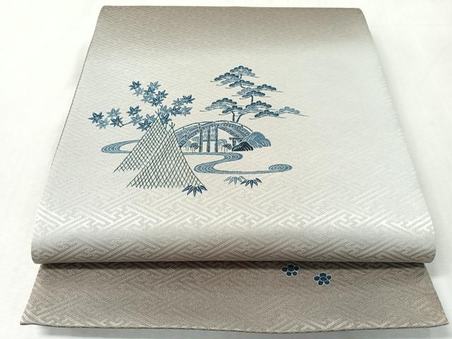平和屋着物●太鼓柄袋帯 水辺風景文 銀通し地 正絹 逸品 CABL0176vp