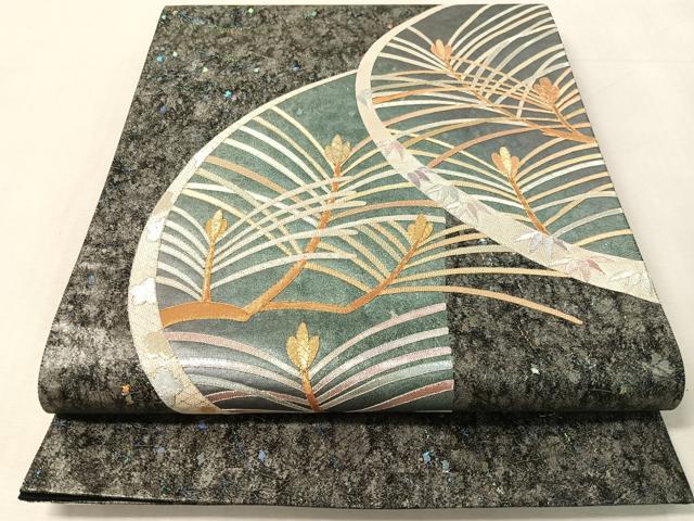 平和屋着物●太鼓柄袋帯 駒刺繍 松葉文様 黒地 金銀彩 引箔 正絹 逸品 CABL0222vp