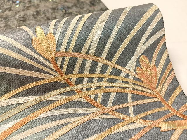 平和屋着物●太鼓柄袋帯 駒刺繍 松葉文様 黒地 金銀彩 引箔 正絹 逸品 CABL0222vp