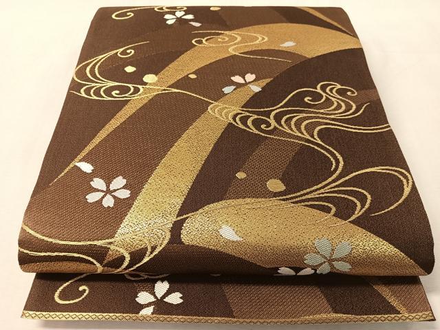平和屋着物●六通柄袋帯 流水舞桜 金糸 正絹 逸品 CABL0237vp