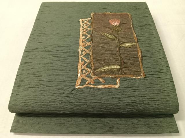 平和屋着物●太鼓柄袋帯 総刺繍 ふくれ織 アザミ 金糸 正絹 逸品 未使用 CABL0251vp