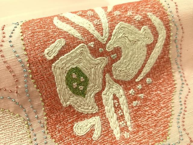 平和屋着物●中国三大刺繍 相良刺繍 総刺繍 太鼓柄袋帯 紬地 抽象文 正絹 逸品 未使用 CABL0268vp