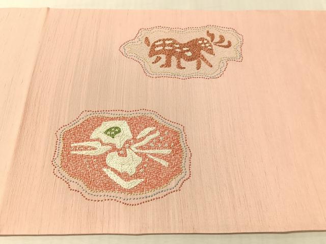 平和屋着物●中国三大刺繍 相良刺繍 総刺繍 太鼓柄袋帯 紬地 抽象文 正絹 逸品 未使用 CABL0268vp