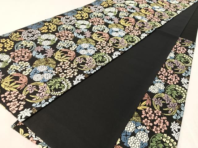 平和屋着物●六通柄袋帯 唐織 草花丸文 黒地 金糸 正絹 逸品 CABL0287vp