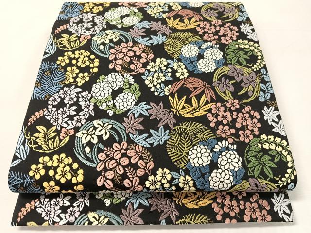 平和屋着物●六通柄袋帯 唐織 草花丸文 黒地 金糸 正絹 逸品 CABL0287vp