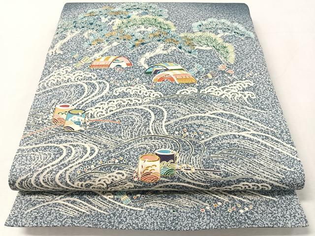 平和屋着物●太鼓柄袋帯 刺繍 浜松文 金糸 正絹 逸品 未使用 CABL0290vp