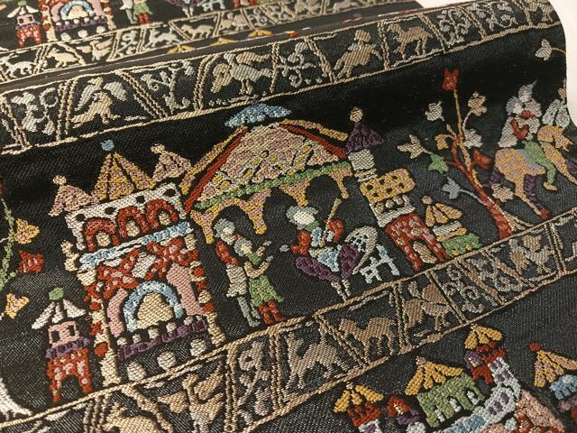平和屋着物●六通柄 本袋帯 異国の園 黒地 金糸 正絹 逸品 CABL0298vp