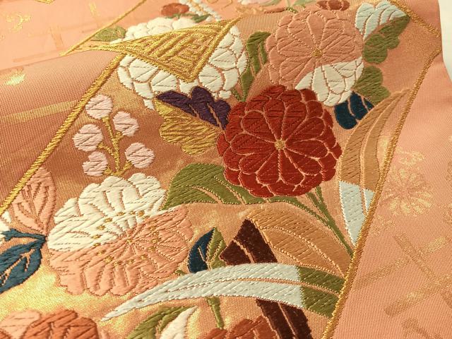 平和屋着物●六通柄 本袋帯 唐織 短冊花文 金糸 正絹 逸品 CABL0307vp