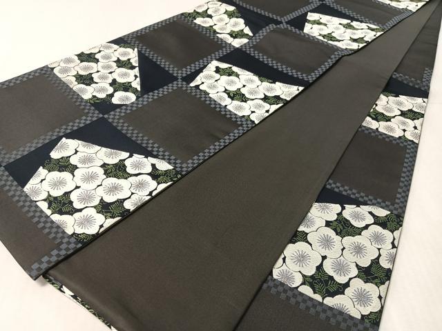 平和屋着物●六通柄袋帯 市松梅文 銀糸 正絹 逸品 CABL0312vp