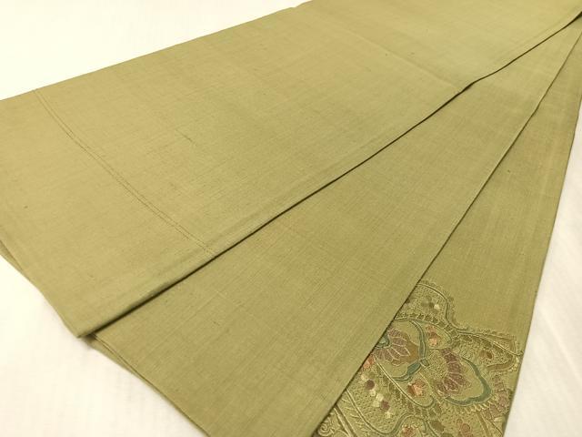 平和屋着物●中国三大刺繍 スワトウ相良刺繍 総刺繍 太鼓柄袋帯 紬地 吉祥花文 鶸茶色 正絹 逸品 CABL0317vp