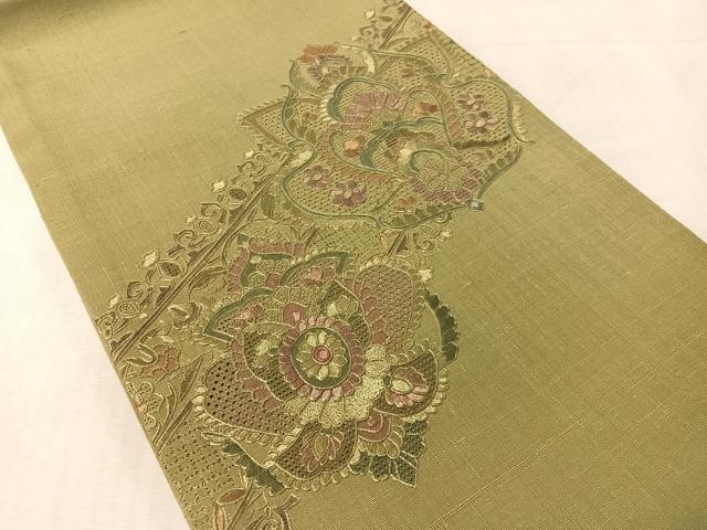 平和屋着物●中国三大刺繍 スワトウ相良刺繍 総刺繍 太鼓柄袋帯 紬地 吉祥花文 鶸茶色 正絹 逸品 CABL0317vp