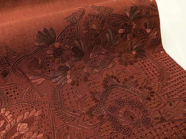 平和屋着物●中国三大刺繍 スワトウ相良刺繍 総刺繍 太鼓柄袋帯 紬地 更紗吉祥文 葡萄茶色 正絹 逸品 未使用 CABL0319vp