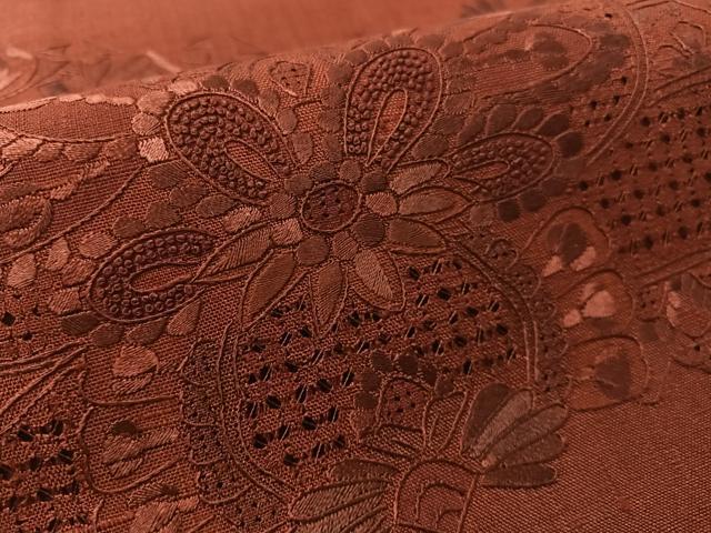 平和屋着物●中国三大刺繍 スワトウ相良刺繍 総刺繍 太鼓柄袋帯 紬地 更紗吉祥文 葡萄茶色 正絹 逸品 未使用 CABL0319vp