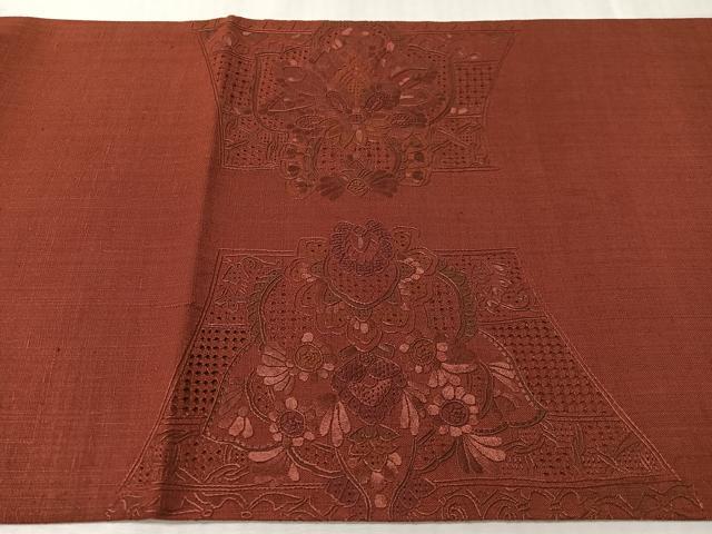 平和屋着物●中国三大刺繍 スワトウ相良刺繍 総刺繍 太鼓柄袋帯 紬地 更紗吉祥文 葡萄茶色 正絹 逸品 未使用 CABL0319vp